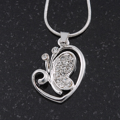 Diamante 'Butterfly In The Heart' Pendant Necklace In Silver Plating - 40cm Length/ 4cm Extension