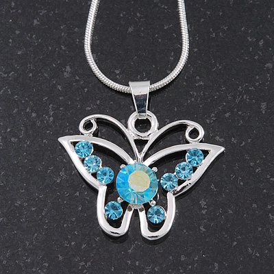 Light Blue Crystal 'Butterfly' Pendant Necklace In Silver Plating - 40cm Length/ 4cm Extension