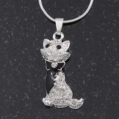 Cute Clear Diamante 'Cat' Pendant Necklace In Silver Plating - 40cm Length