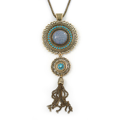 Long Blue Tassel Pendant Necklace In Burn Gold Finish - 70cm Length - main view