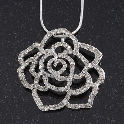 Clear Crystal Open Rose Pendant Necklace In Silver Plating - 38cm Length/ 4cm Extension