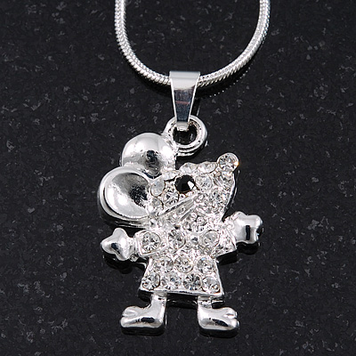 Silver Plated Diamante 'Cute Mouse' Pendant Necklace - 40cm Length