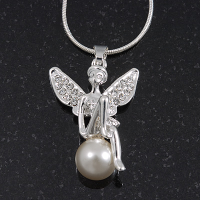 Diamante/ Simulated Pearl 'Fairy' Pendant Necklace In Rhodium Plated Metal - 40cm/ 5cm Extension