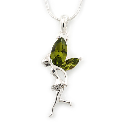 Delicate Peridot Coloured CZ 'Fairy' Pendant Necklace In Rhodium Plating - 42cm Length/ 5cm Extension - August Birth Stone