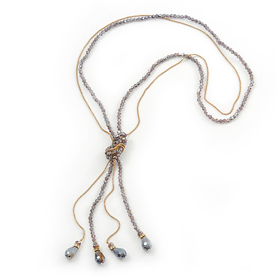 Long Light Purple Faceted Glass Bead & Gold Beaded Chain Tassel Necklace - 76cm Length/ 12cm Tassel