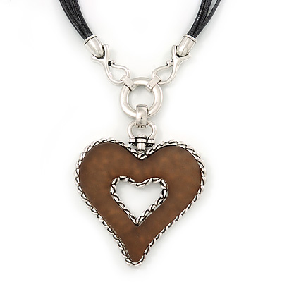 Large Resin Open Heart Pendant On Black Cords In Rhodium Plating - 72cm Length/ 8cm Length - main view