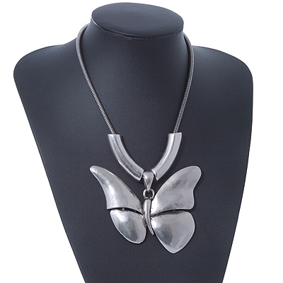 Large Solid 'Butterfly' Pendant Necklace In Silver Plating - 38cm Length/ 7cm Extension - main view