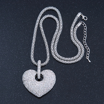 Rhodium Plated Swarovski Crystal 'Queen of Hearts' Pendant on Long Lantern Chain - 70cm (6cm Extension)