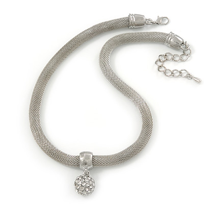 Silver Tone Mesh Necklace With Crystal Ball - 38cm Length/ 6cm Extension