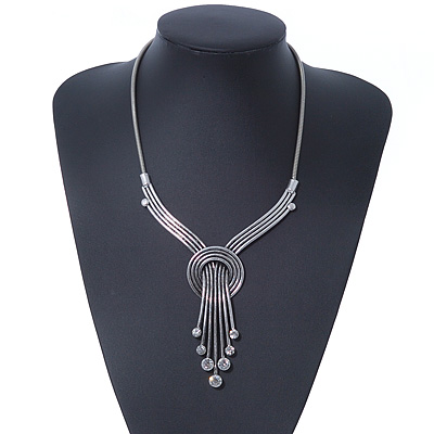 Vintage Burn Silver Diamante 'Knot' Necklace - 42cm Length/ 6cm Extender