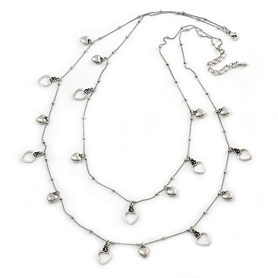 Long 2 Strand Heart Necklace In Silver Tone Metal - 90cm L/ 7cm Ext - main view