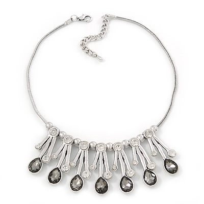Clear/Grey Glass Crystal Drops Ethnic Necklace In Rhodium Plating - 38cm Length/ 7cm Extension - main view