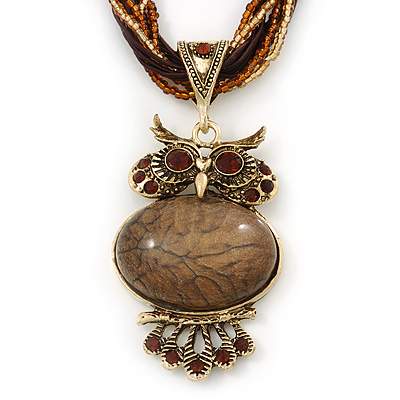 Vintage Bead 'Brown Owl' Pendant Necklace In Antique Gold Metal - 38cm Length/ 5cm Extender