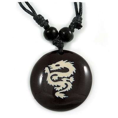 Unisex Black/ White Resin Medallion 'Dragon' Cotton Cord Pendant - Adjustable