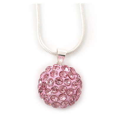 Baby Pink Crystal Ball Pendant On Silver Tone Snake Style Chain - 40cm Length/ 4cm Extention