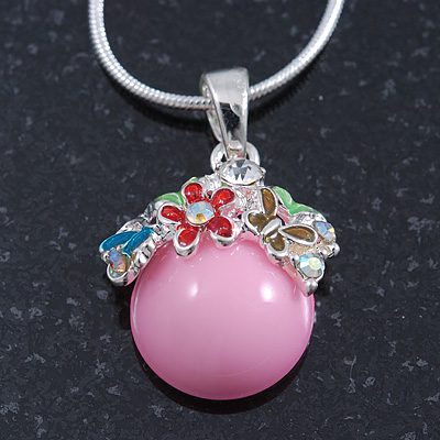 Small Romantic Baby Pink 'Floral Garden' Pendant With Silver Tone Snake Style Chain - 40cm Length/ 6cm Extension