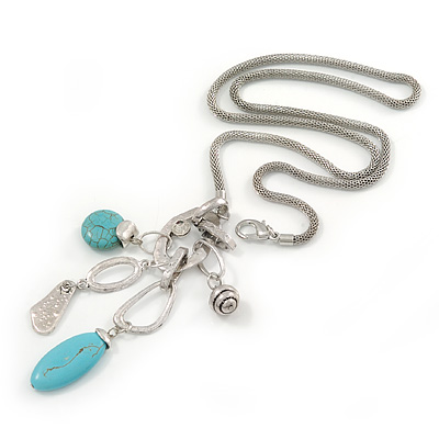 Long Mesh Chain with Turquoise Bead, Metal Ring Tassel Pendant In Silver Tone - 70cm L/ 12cm Tassel