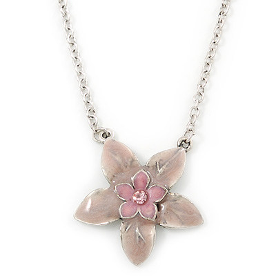 Pink Enamel Flower Pendant With Silver Tone Chain - 36cm Length/ 7cm Extension