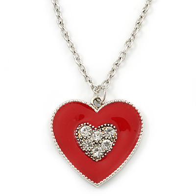 Red Enamel, Crystal 'Heart' Pendant With Silver Tone Chain - 40cm Length/ 7cm Extension