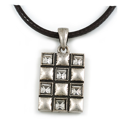 Burn Silver Crystal Square Pendant With Black Leather Style Cord - 38cm Length