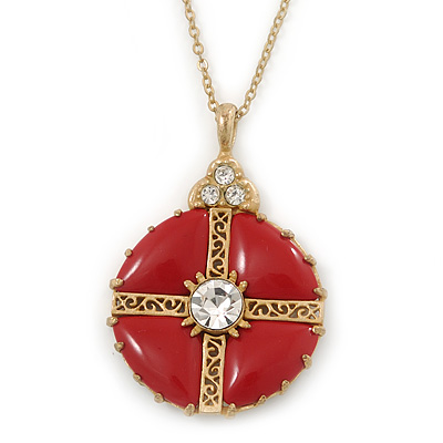 Red Enamel Medallion Pendant With Gold Tone Chain - 40cm L/ 6cm Ext