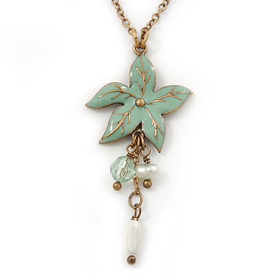 Mint Green Enamel 'Flower' With Beaded Tassel Pendant On Antique Gold Chain - 36cm Length/ 8cm Extension - main view