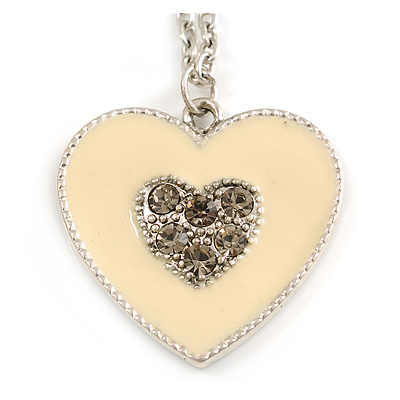 Milky White Enamel, Crystal 'Heart' Pendant With Silver Tone Chain - 40cm Length/ 7cm Extension