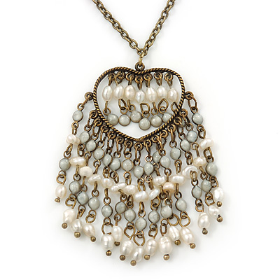 Vintage Inspired Open Heart With Freshwater Pearl Dangles Pendant On Bronze Tone Chain - 40cm Length/ 5cm Extension