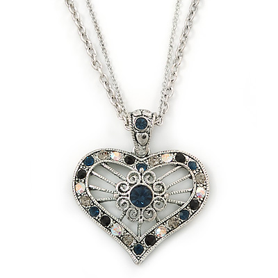 Open, Filigree Crystal Heart Pendant With Double Chain In Silver Tone - 38cm L/ 5cm Ext