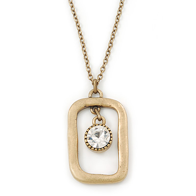 Matte Gold Tone Crystal Square Pendant With Long Chain - 70cm Length/ 7cm Extension