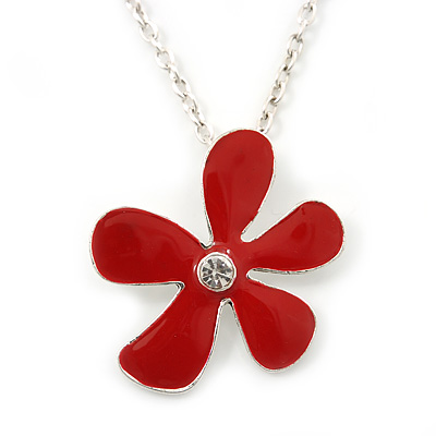 Red Enamel Flower Pendant With Silver Tone Oval Link Chain - 40cm Length/ 7cm Extension