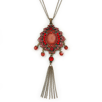 Red, Pink Enamel Tassel Pendant With 80cm L Bronze Tone Double Chain - main view
