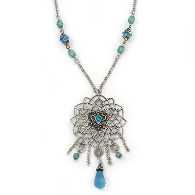 Vintage Inspired Filigree, Crystal Pendant With Light Blue Beaded Chain In Pewter Tone - 44cm Length/ 7cm Extender