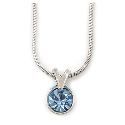 7mm Light Blue Round Crystal Pendant With Silver Tone Snake Chain - 36cm Length/ 5cm Extension