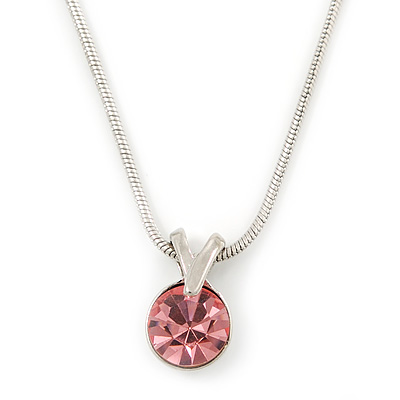 7mm Pink Round Crystal Pendant With Silver Tone Snake Chain - 36cm Length/ 5cm Extension