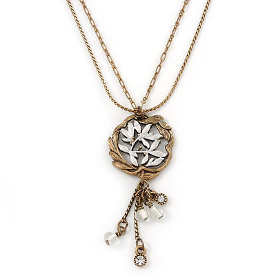 Vintage Inspired Floral Pendant With Beaded Dangles, With 38cm L/ 6cm Ext Double Chain In Antique Gold Tone - main view