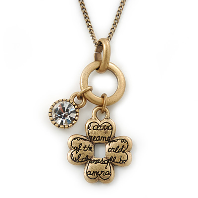 Vintage Inspired Small Inscripted Clover & Crystal Bead Pendant With Gold Tone Chain - 36cm Length/ 7cm Extension - main view