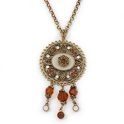 Victorian Style Crystal, Filigree Medallion Pendant With Chunky Gold Tone Chain - 40cm L/ 5cm Ext - main view