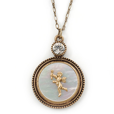 Long Vintage Inspired Mother of Pearl Cupid Love Angel Pendant On Burnt Gold Chain Necklace - 72cm L/ 8cm Ext