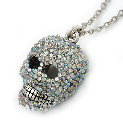 AB Crystal Skull Pendant With 40cm L/ 5cm Ext Silver Tone Chain