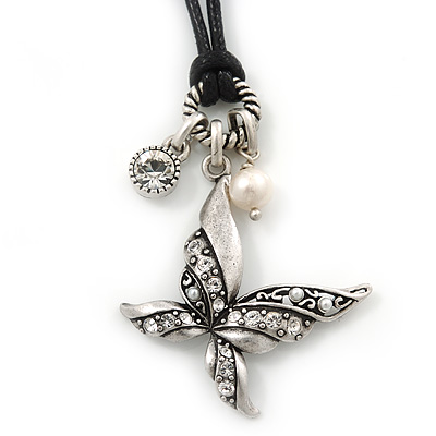 Vintage Inspired Crystal Butterfly & Bead Pendant On Black Waxed Cord - 36cm Length/ 8cm Extension