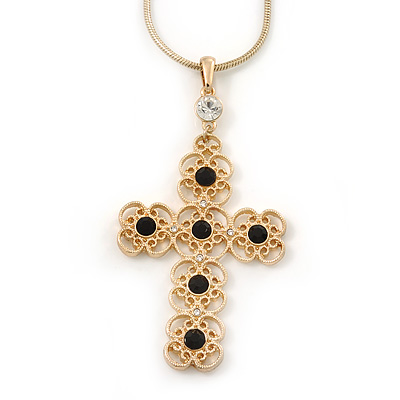 Victorian Style Filigree, Diamante Statement Cross Pendant With Gold Tone Snake Chain - 38cm Length/ 7cm Extension - main view