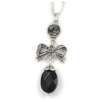 Delicate Beaded Bow Pendant with Silver Tone Chain In Pewter Tone - 37cm L/ 8cm Ext