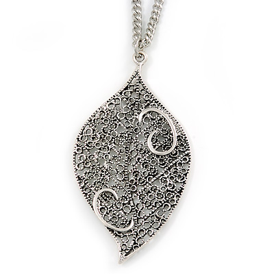 Vintage Inspired Antique Silver Filigree Leaf Pendant with Silver Tone Chain - 86cm L - main view