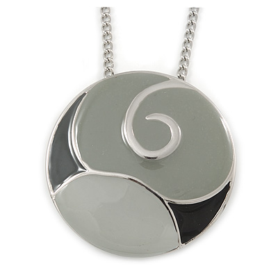 Grey Enamel Medallion Pendant with Silver Tone Chain - 74cm L