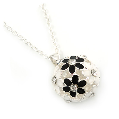 Black, White Enamel, Crystal Flower Ball Pendant With Silver Tone Chain - 40cm Length/ 5cm Extension