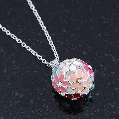 Multicoloured Enamel, Crystal Flower Ball Pendant With Silver Tone Chain - 40cm Length/ 5cm Extension