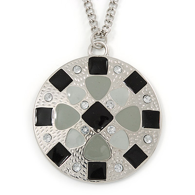 Grey/ Black Enamel Geometric Pattern Medallion Pendant with 76cm Silver Tone Chain