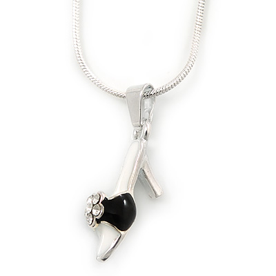 Small Crystal, Black Enamel High Heel Shoe Pendant With Silver Tone Snake Chain - 40cm Length/ 4cm Extension