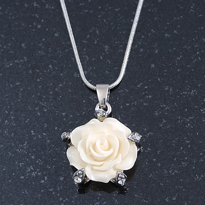 Cream Acrylic Rose Pendant With Silver Tone Snake Chain - 40cm Length/ 5cm Extension - main view